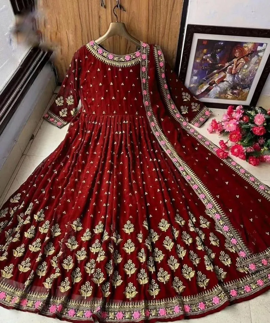 Maroon Embroidered Shamoz Silk Maxi Suit 3Pcs