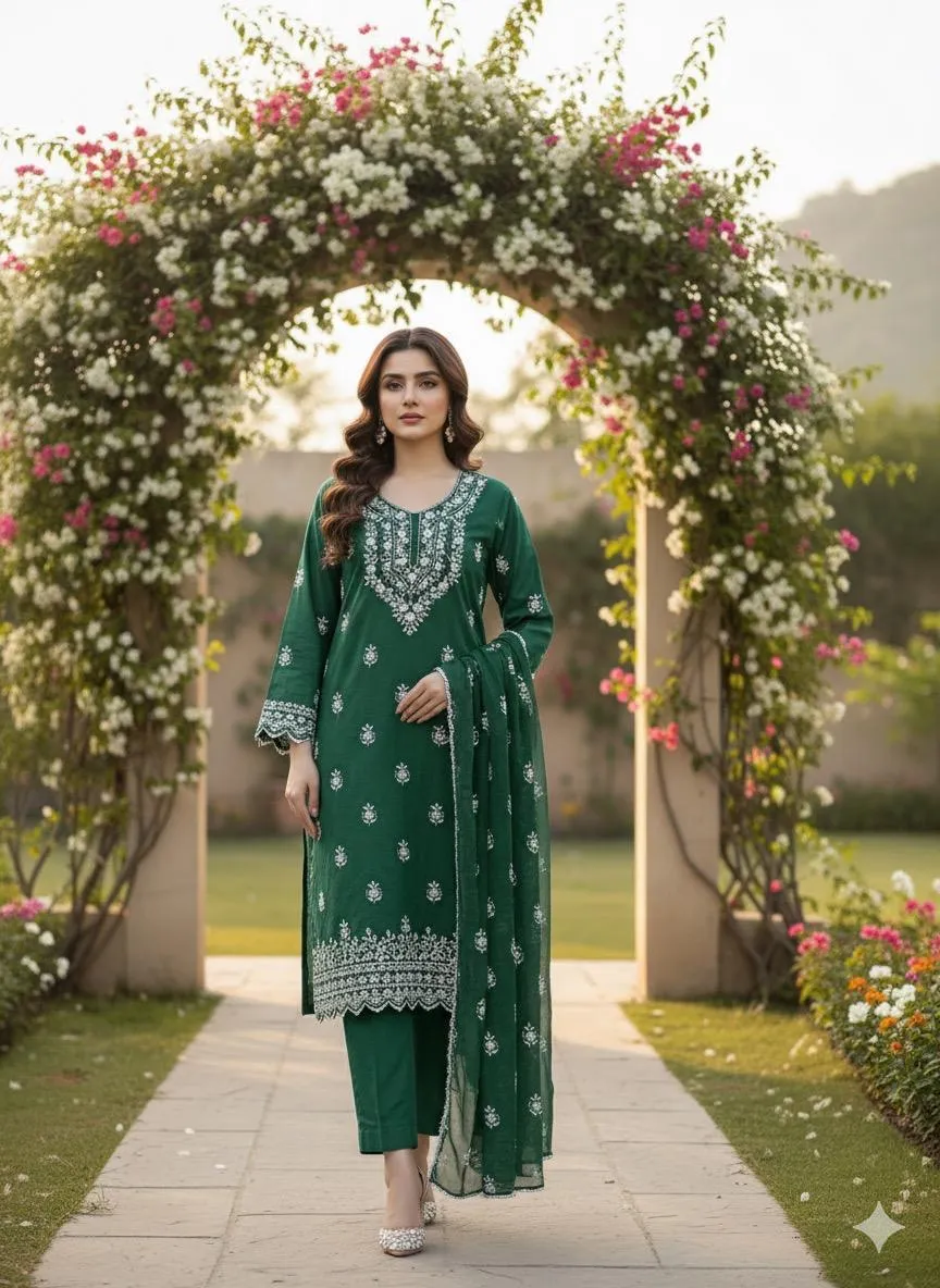 Green Handwork Chiffon Suit For Women's