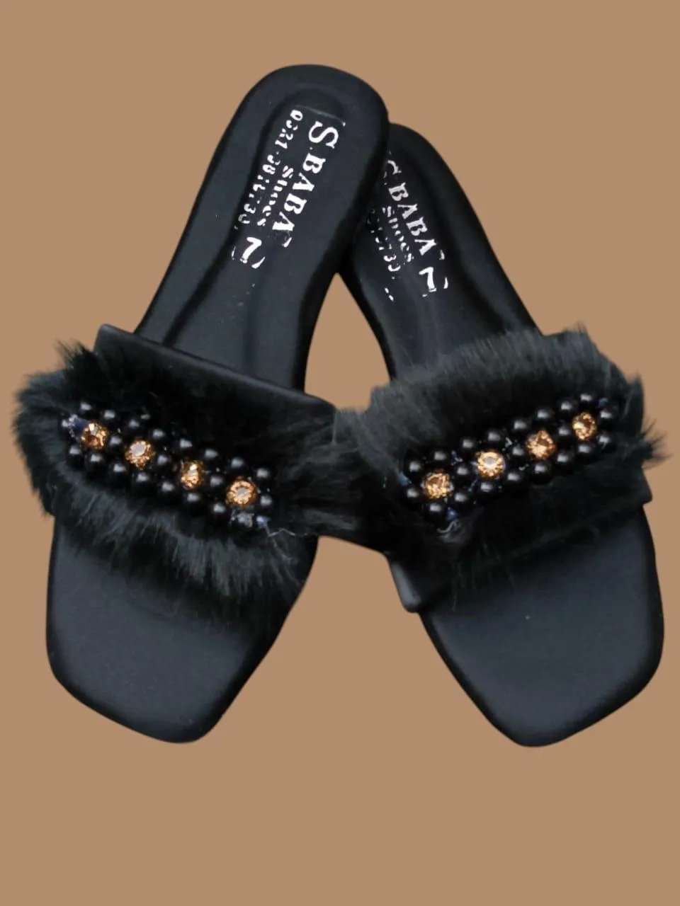 Black Faux Fur Embellished Women's Slides Shoes