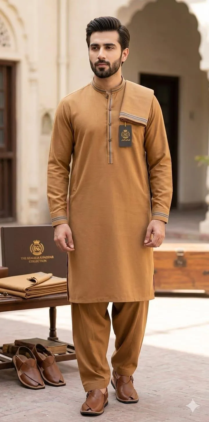 Men's Unstitched Khaddar Suit Tan 4.5 Metter