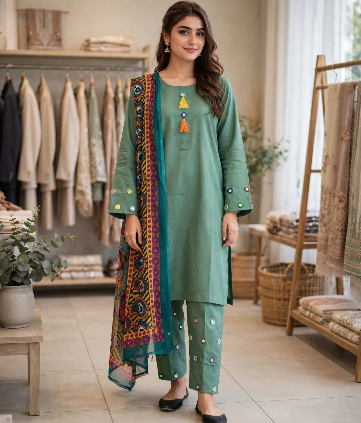 Green Mirror Work 3-Piece Lawn Suit with Multicolor Printed Dupatta - Tassel Design