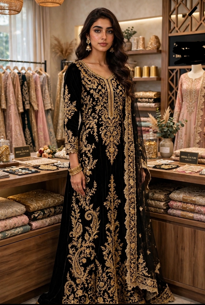 Black Velvet Heavy Embroidered Maxi with Chiffon Dupatta - Bridal Collection`