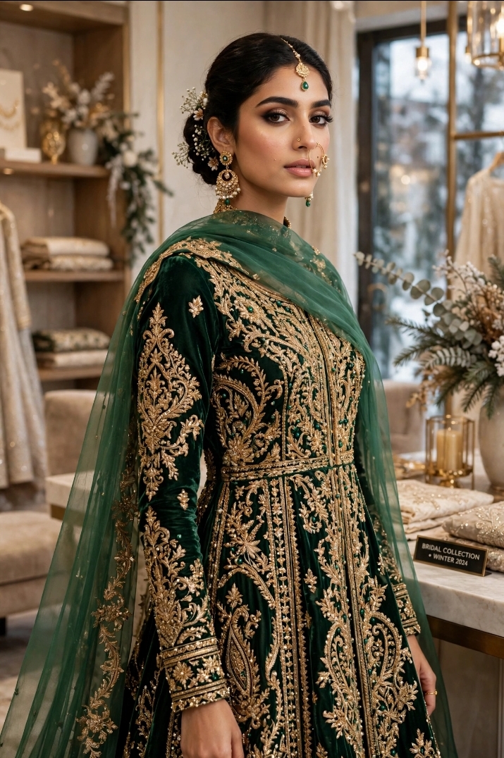 Emerald Green Velvet Embroidered Maxi with Net Dupatta - Bridal Winter Edition
