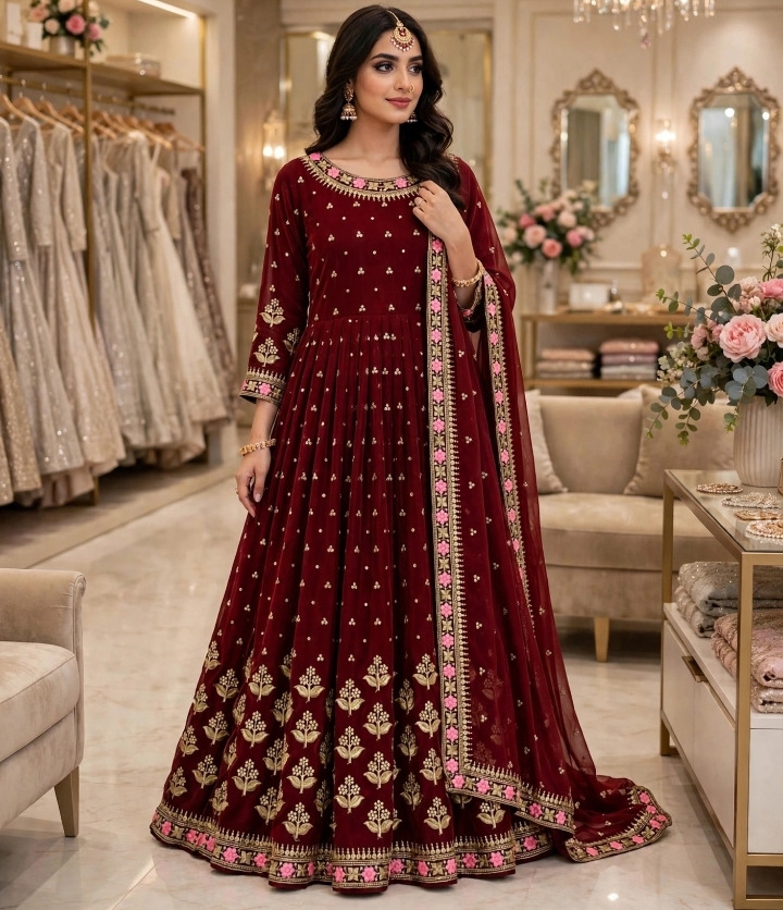 Maroon Embroidered Shamoz Silk Maxi Suit 3Pcs