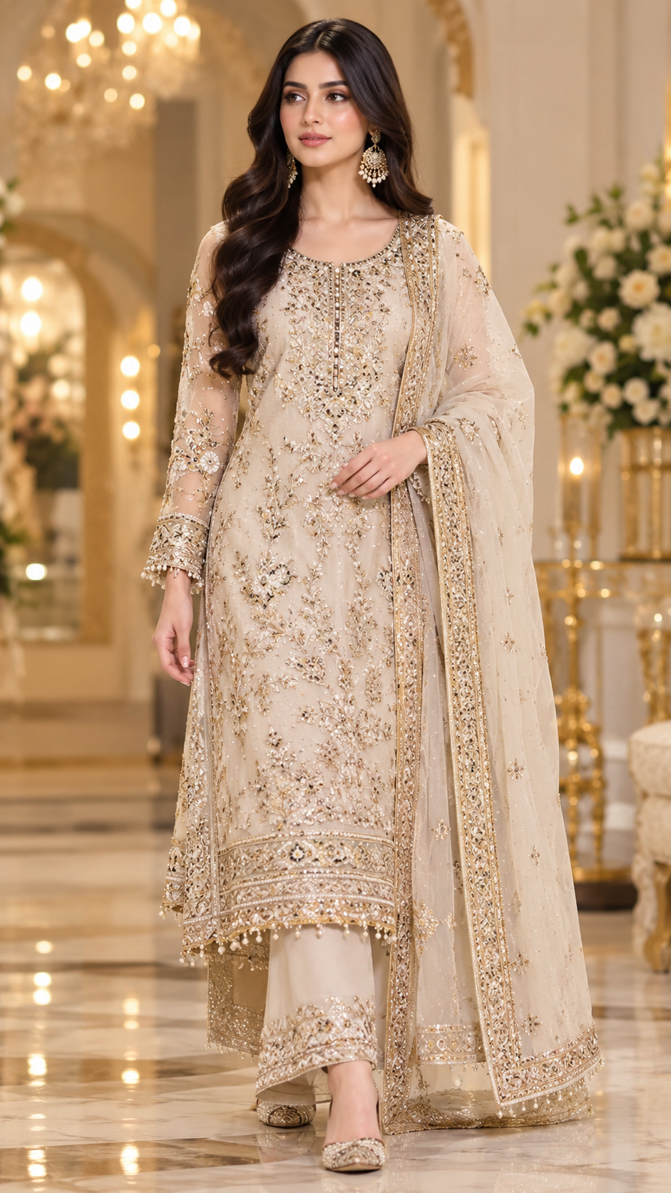 Ivory  Gold Heavy Embroidered Luxury Net Suit
