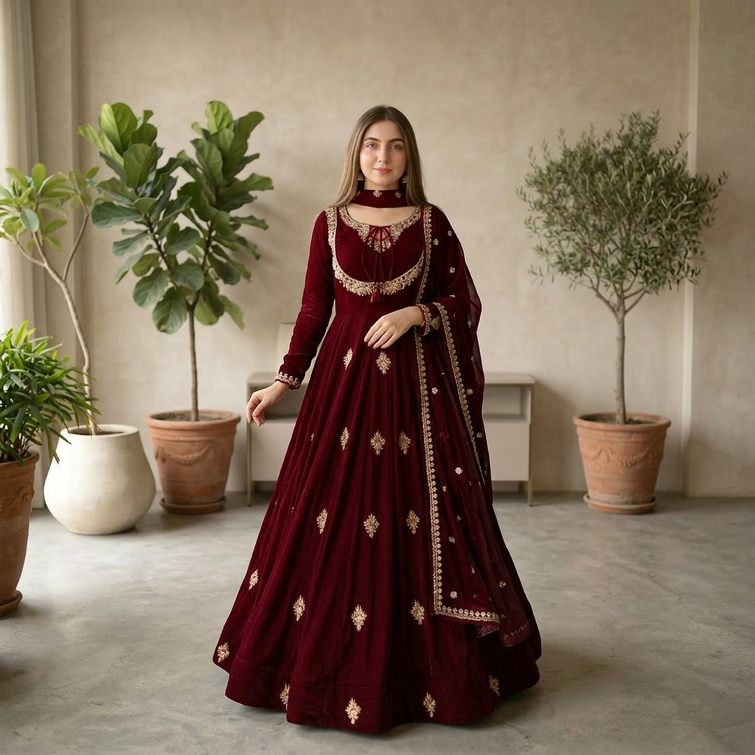 Neckline Embroidered Maxi Dress With Chiffon Dupatta